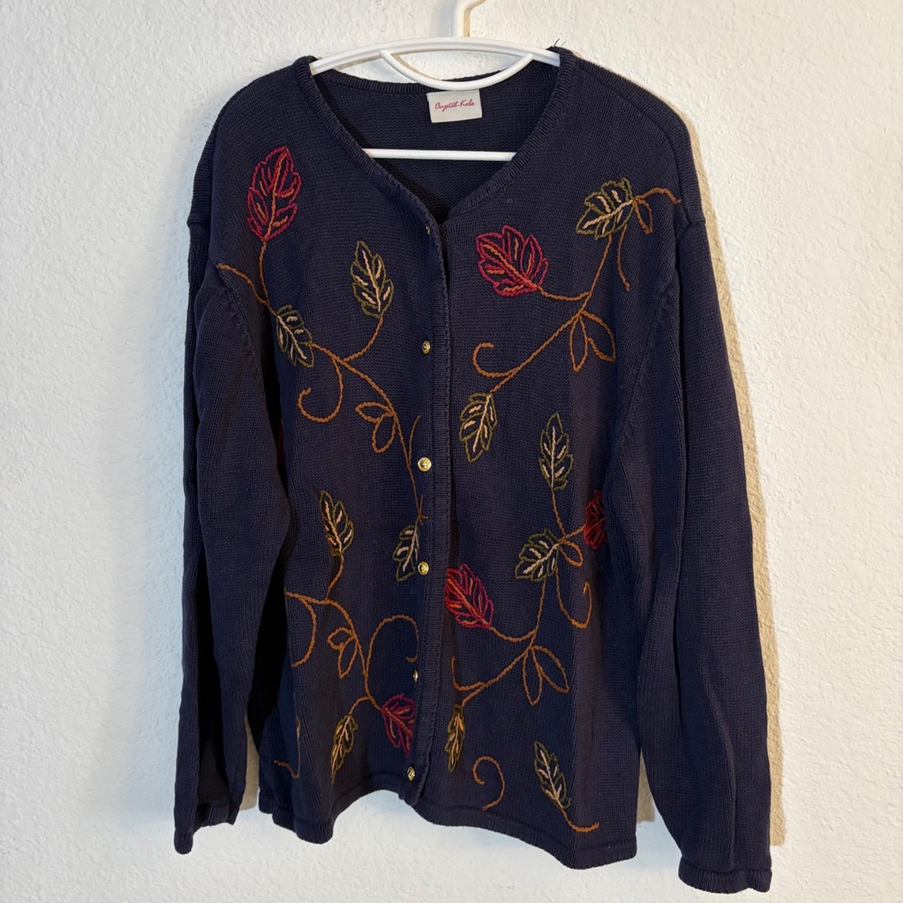 Vintage Crystal Kobe Cardigan Sweater Navy Blue Floral Embroidered V-Neck Medium